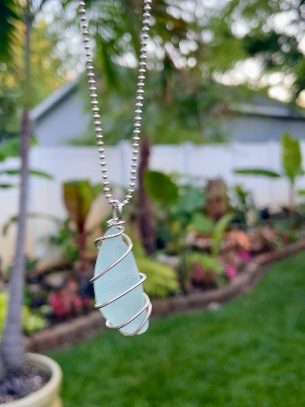 Genuine Light Blue Sea Glass~Sterling Wrapped Pendant Necklace